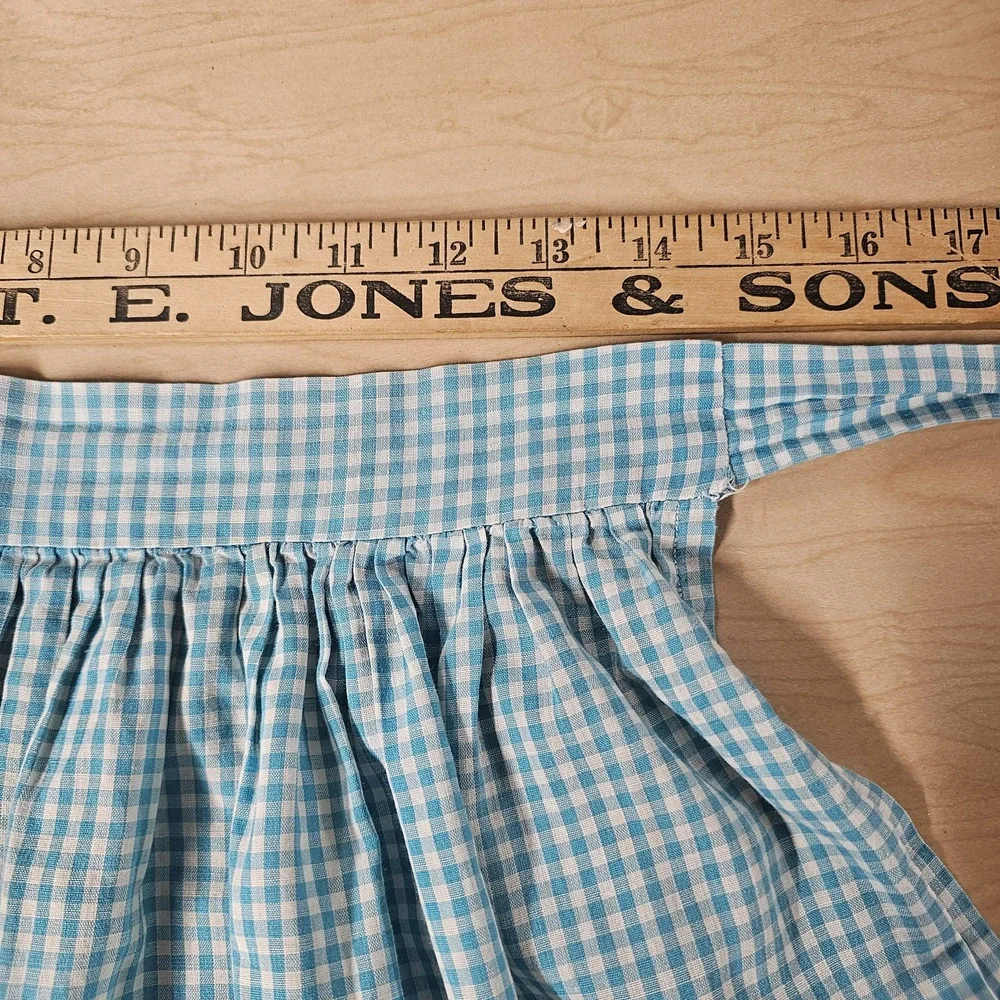 Vtg 50s Half Apron Gingham Plaid Blue Embroidered AM Cross Stitch Cottagecore